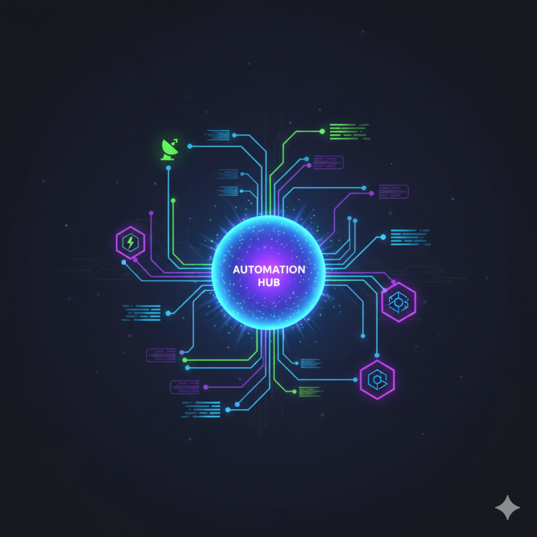 Futuristic automation workflow illustration with connected nodes and n8n-style data flows