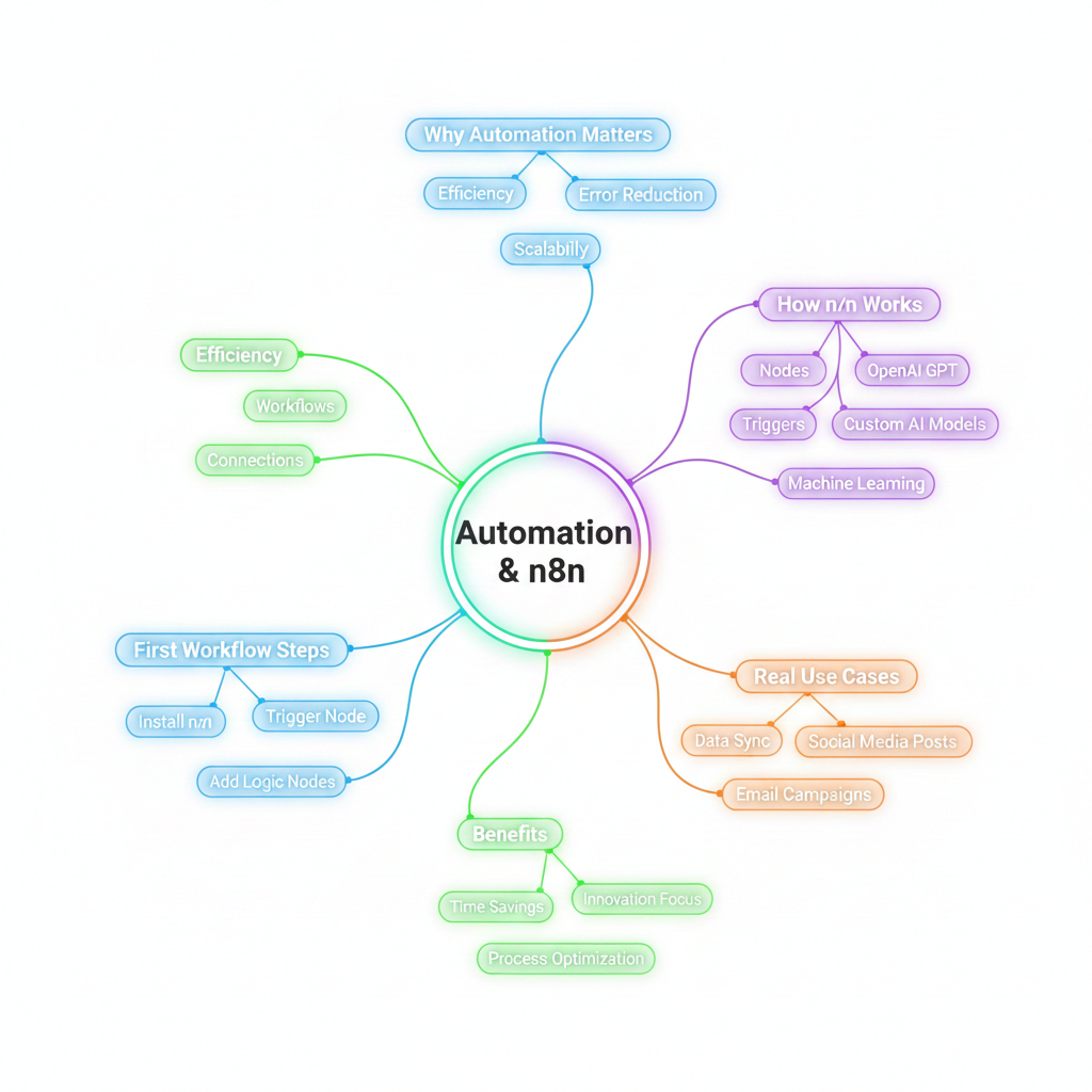 Mind map illustrating the key concepts of automation and n8n, including workflow steps, use cases, benefits, and how automation works