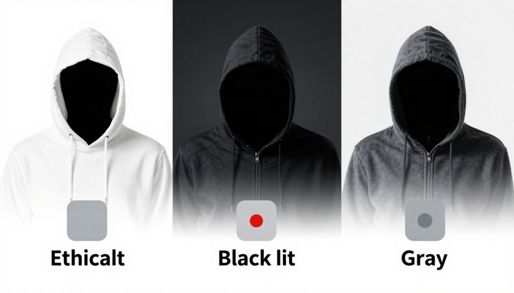 مقارنة بين أنواع المخترقين: القبعات البيضاء والسوداء والرمادية في الاختراق الأخلاقي