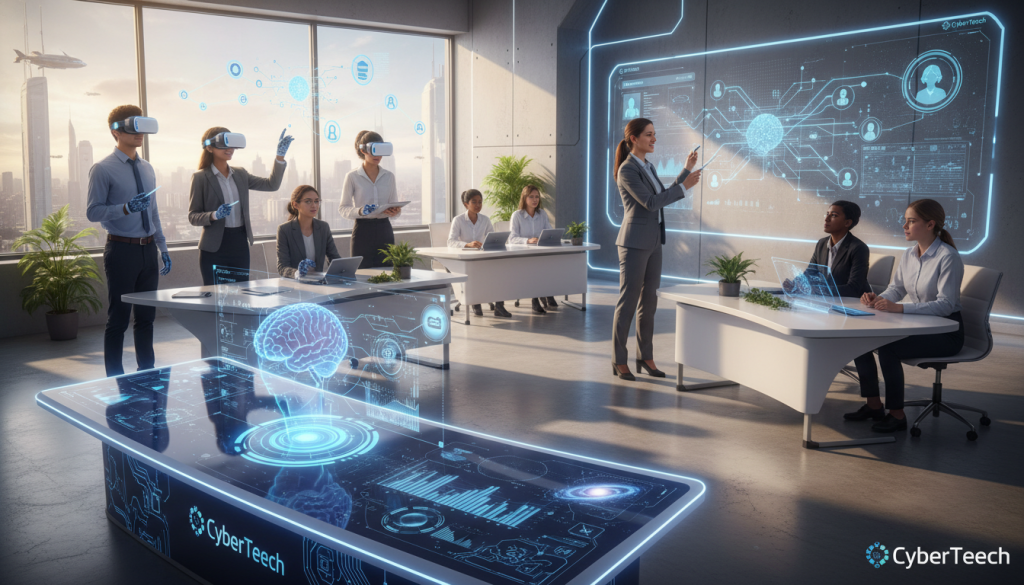 A futuristic classroom scene illustrating the applications of artificial intelligence in education. In the foreground, an AI-powered interactive learning platform displays educational content with vivid visuals and engaging animations. To the left, a diverse group of students in professional attire engages with virtual reality headsets, immersed in a digital landscape of knowledge. The middle ground features a teacher utilizing AI tools on a smartboard, guiding students with enthusiasm. In the background, large windows let in soft, natural light, casting a warm glow over the high-tech classroom furnished with sleek desks and advanced educational technology. The atmosphere is one of innovation, collaboration, and inspiration. The CyberTeech logo subtly integrated into the technology, emphasizing the blend of education and AI. A futuristic classroom scene illustrating the applications of artificial intelligence in education. In the foreground, an AI-powered interactive learning platform displays educational content with vivid visuals and engaging animations. To the left, a diverse group of students in professional attire engages with virtual reality headsets, immersed in a digital landscape of knowledge. The middle ground features a teacher utilizing AI tools on a smartboard, guiding students with enthusiasm. In the background, large windows let in soft, natural light, casting a warm glow over the high-tech classroom furnished with sleek desks and advanced educational technology. The atmosphere is one of innovation, collaboration, and inspiration. The CyberTeech logo subtly integrated into the technology, emphasizing the blend of education and AI.