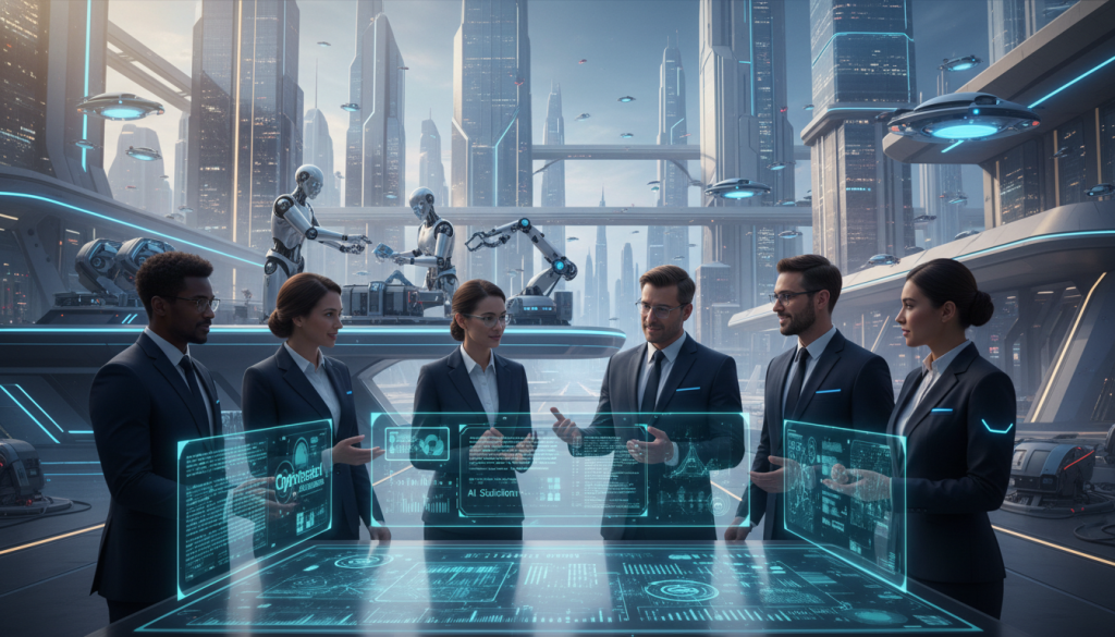 A futuristic scene depicting the concept of innovations in artificial intelligence. In the foreground, a group of diverse professionals in smart business attire are gathered around a holographic display showing complex data visualizations and AI algorithms from "CyberTeech". In the middle ground, sleek robots and advanced machines engage in cooperative tasks, showcasing synergy between humans and technology. The background features a modern city skyline, symbolizing the integration of AI in urban life, with drones and smart vehicles in flight. Soft, glowing light illuminates the scene to create an atmosphere of optimism and forward-thinking. A wide-angle perspective emphasizes the collaboration and dynamic environment, capturing the essence of future AI advancements. A futuristic scene depicting the concept of innovations in artificial intelligence. In the foreground, a group of diverse professionals in smart business attire are gathered around a holographic display showing complex data visualizations and AI algorithms from "CyberTeech". In the middle ground, sleek robots and advanced machines engage in cooperative tasks, showcasing synergy between humans and technology. The background features a modern city skyline, symbolizing the integration of AI in urban life, with drones and smart vehicles in flight. Soft, glowing light illuminates the scene to create an atmosphere of optimism and forward-thinking. A wide-angle perspective emphasizes the collaboration and dynamic environment, capturing the essence of future AI advancements.