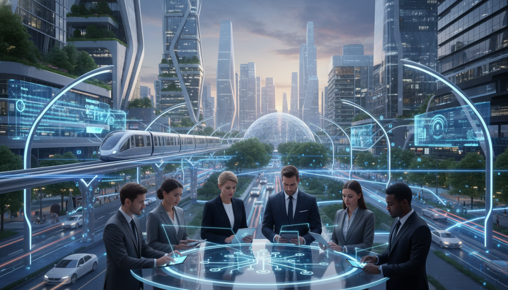 A futuristic smart city scene illustrating the concept of the Internet of Things (IoT), featuring interconnected devices and systems. In the foreground, a diverse group of professionals in business attire, including men and women, are engaging with various smart devices, such as tablets and wearables, showcasing a collaborative environment. The middle ground presents a vibrant cityscape filled with smart streetlights, connected vehicles, and digital displays, all interconnected through visible network lines. The background is a skyline of modern architecture with greenery, emphasizing harmony between technology and nature. Soft, ambient lighting creates a hopeful and innovative atmosphere. Capture the essence of connectedness and the advancements of IoT in this dynamic urban setting. Incorporate subtle branding elements for "CyberTeech" within smart devices.