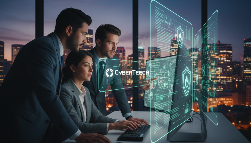 A modern office environment focused on cybersecurity. In the foreground, a diverse group of three professionals in business attire, collaborating over a computer, displaying a sense of teamwork and concentration. The middle layer features transparent digital screens showcasing intricate data, firewalls, and code, symbolizing cybersecurity measures. In the background, a city skyline at dusk, illuminated by the glow of office lights, creating a dynamic contrast against the deep blue sky. Soft, ambient lighting casts a warm glow over the scene, enhancing the mood of innovation and safety. A subtle branding element displaying "CyberTeech" is integrated into the digital screens for a professional touch. The overall atmosphere conveys a sense of urgency and importance in the realm of digital security.