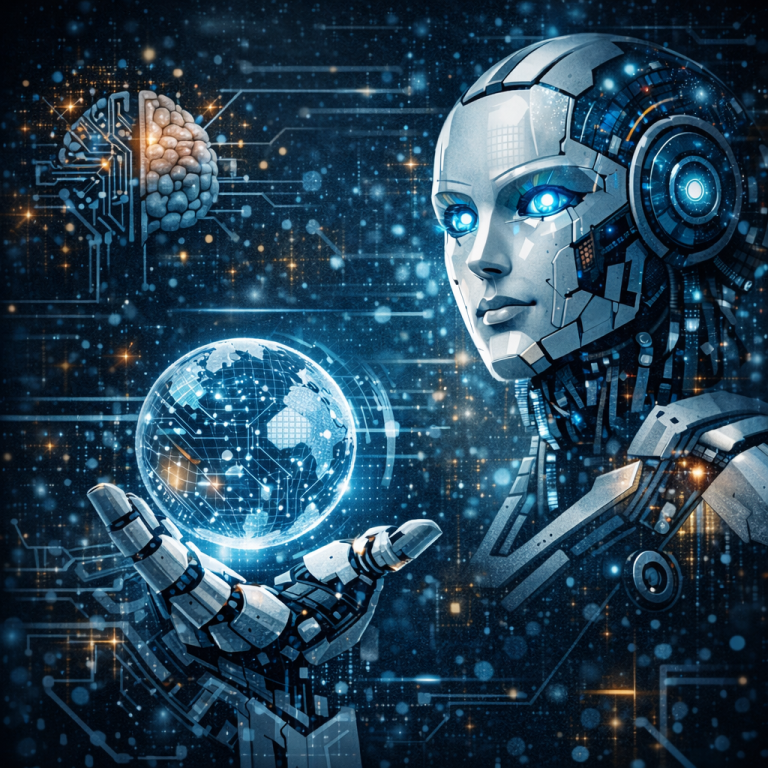 صورة تجريدية فاخرة تمثل الذكاء الاصطناعي كنظام ذكي متقدم مع تدفقات بيانات وأنماط رقمية حديثة.