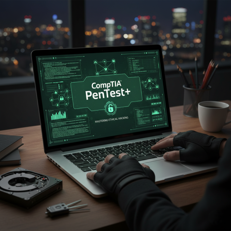 Visual overview of CompTIA PenTest+ certification showing cybersecurity assessment dashboards and penetration testing concepts in a professional environment.