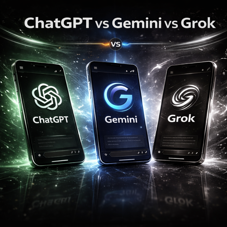 تصور تجريدي لمقارنة أدوات الذكاء الاصطناعي ChatGPT و Gemini و Grok