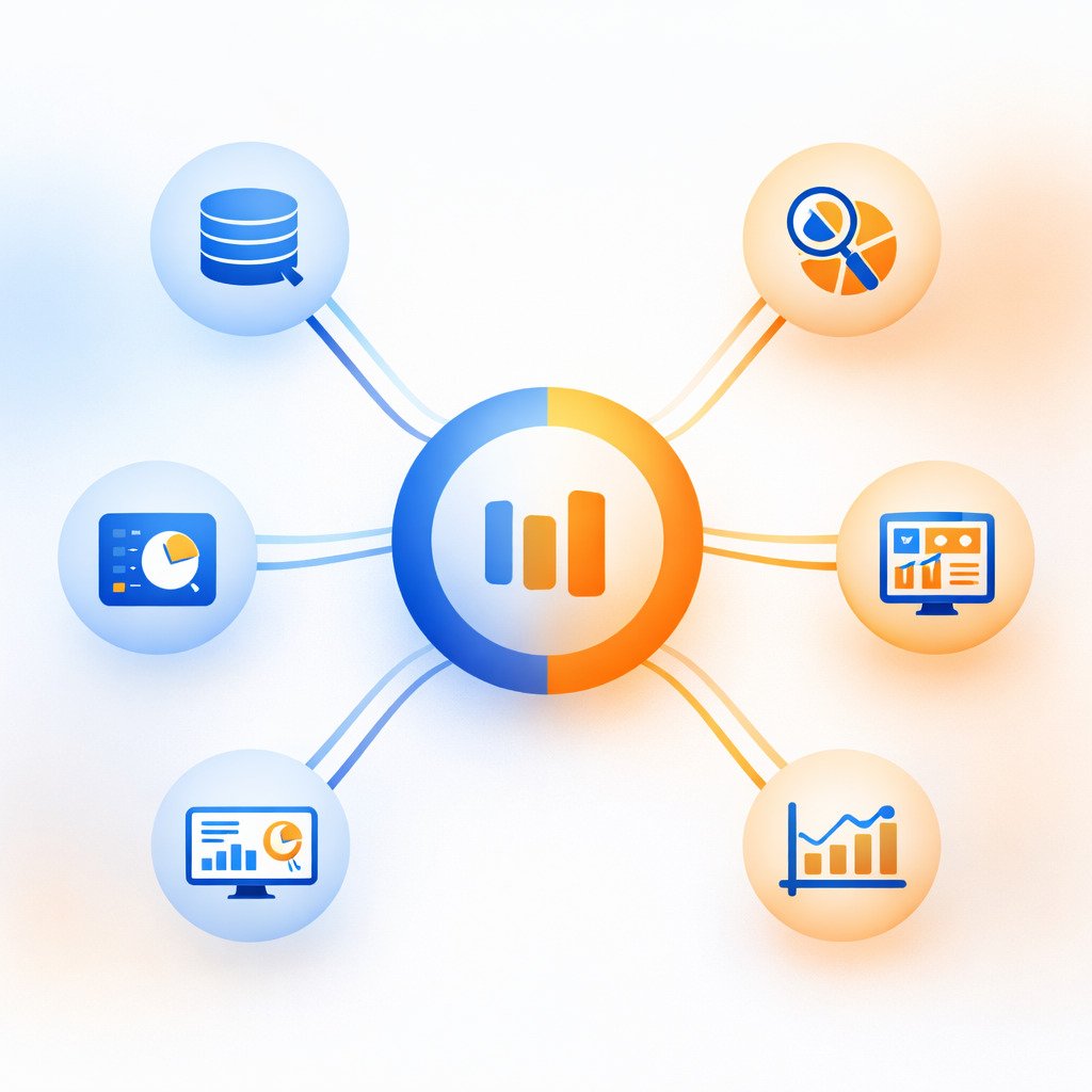 تصميم تجريدي يوضح Power BI كمركز يربط بين مصادر البيانات ولوحات التحليل