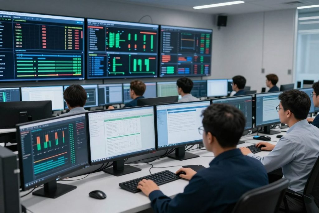 فريق أمن سيبراني يراقب شاشات متعددة مع تدفق بيانات طبيعي فريق أمن سيبراني يراقب شاشات متعددة مع تدفق بيانات طبيعي