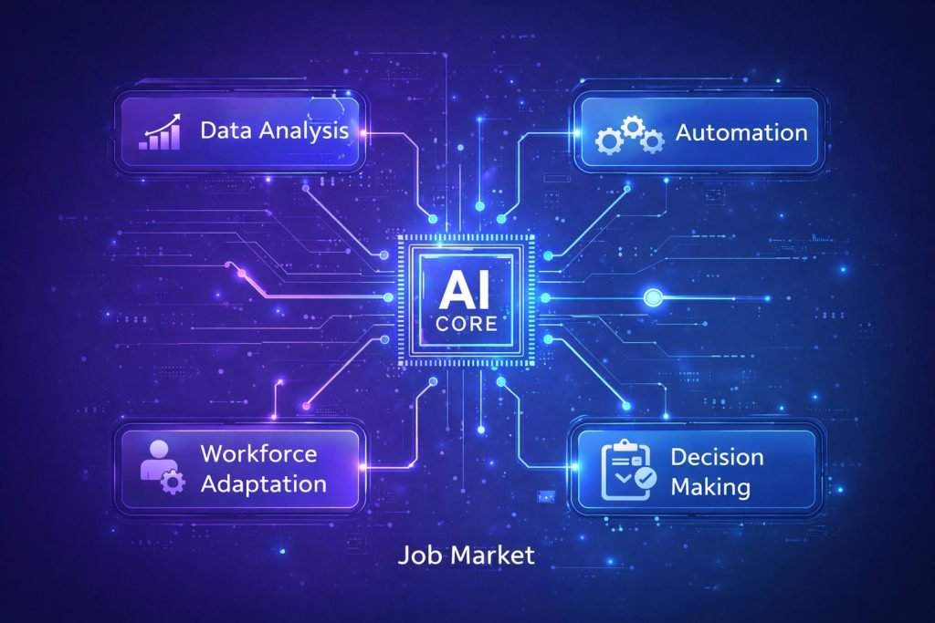 يوضّح هذا المخطط كيف أصبح الذكاء الاصطناعي محورًا أساسيًا في سوق العمل الحديث، حيث يعتمد عليه في تحليل البيانات، وأتمتة العمليات، ودعم اتخاذ القرار، ومساعدة القوى العاملة على التكيّف مع المتغيرات التقنية. هذا التحول لا يهدف إلى استبدال الإنسان، بل إلى تعزيز كفاءته ورفع جودة الأداء داخل المؤسسات.