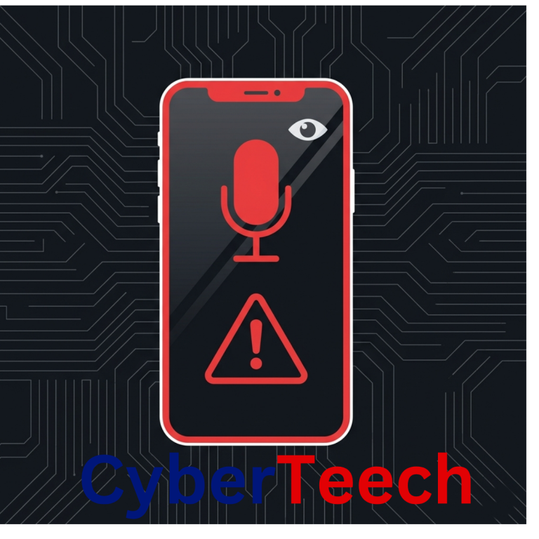 هاتف ذكي يعرض أيقونة ميكروفون أحمر مع رمز تحذير، يرمز لخطر وصول التطبيقات للميكروفون بدون إذن