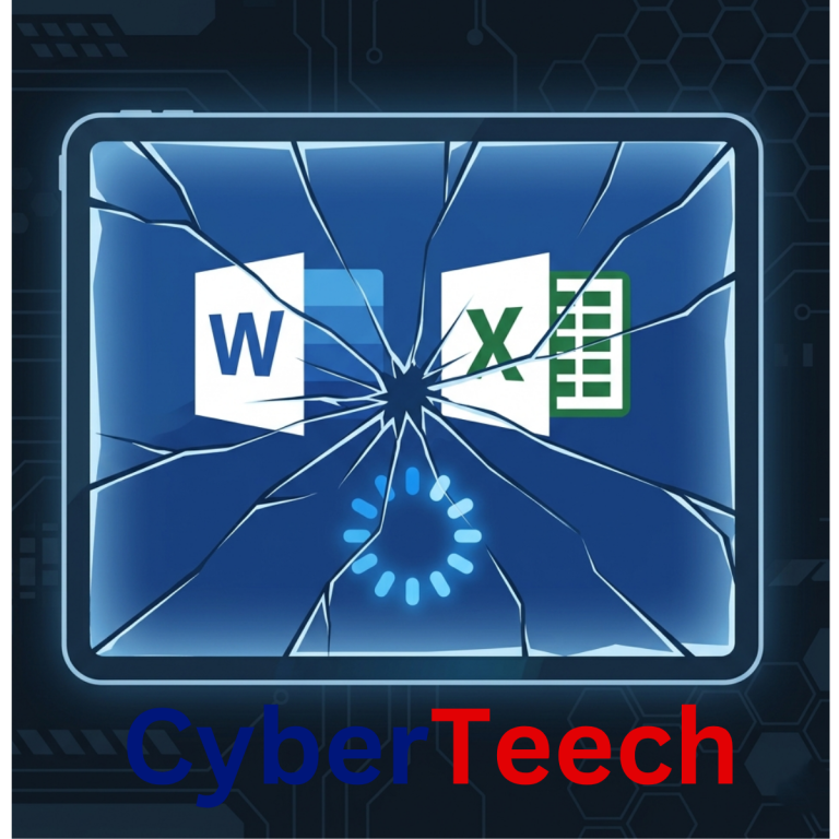 شاشة كمبيوتر تعرض أيقونات Word وExcel مع علامة تحميل متوقفة، ترمز لمشكلة تجمد برامج Office
