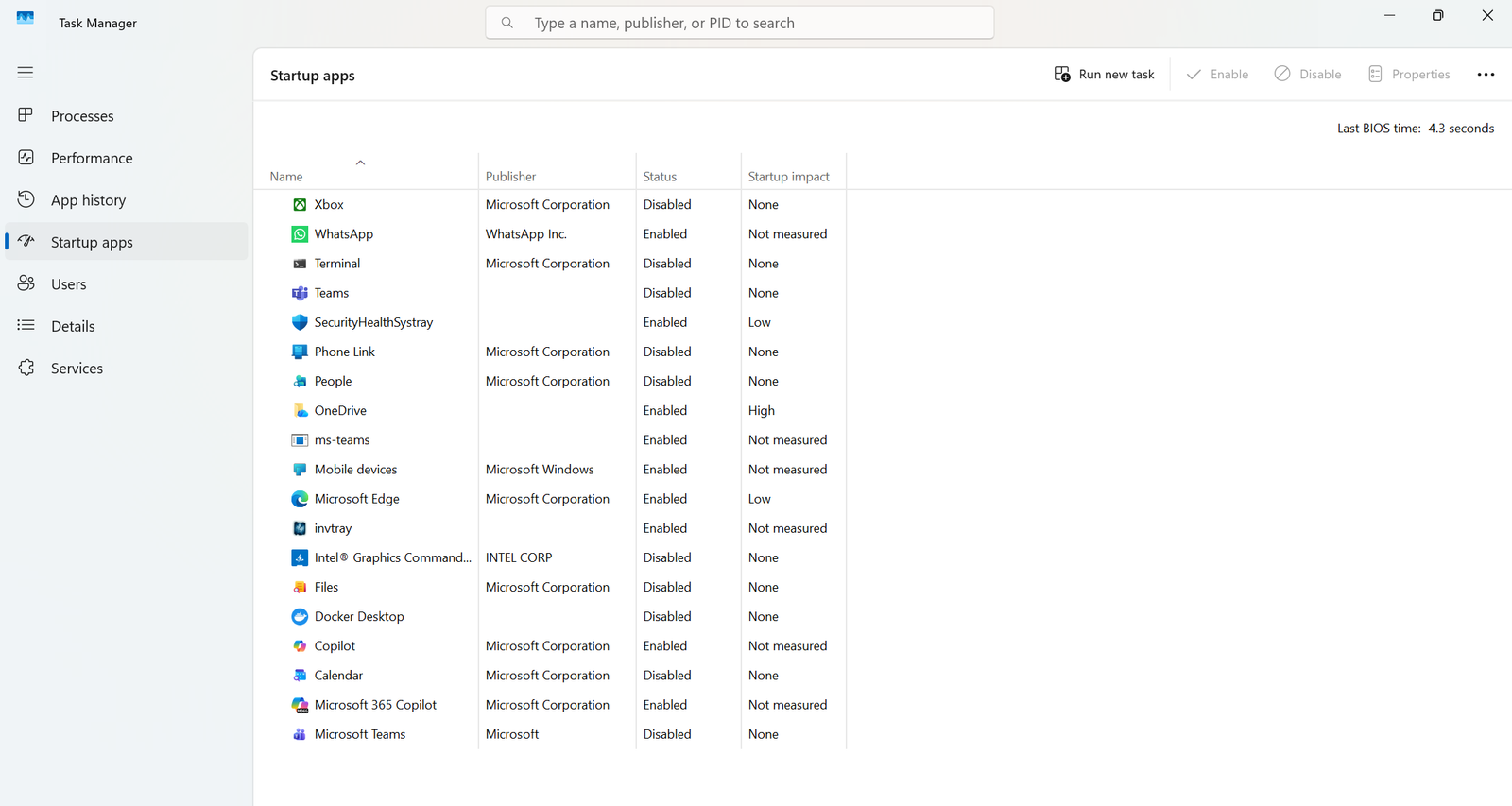 نافذة مدير المهام — تبويب بدء التشغيل على ويندوز