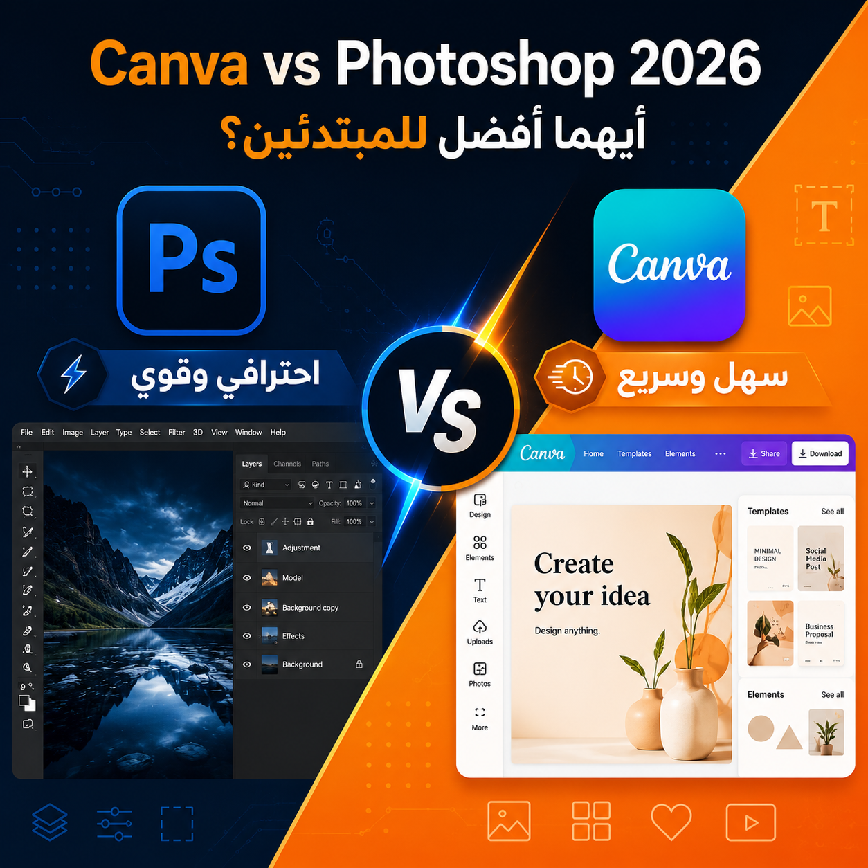 You are currently viewing هل Canva أصبح أفضل من Photoshop للمبتدئين؟ مقارنة شاملة 2026