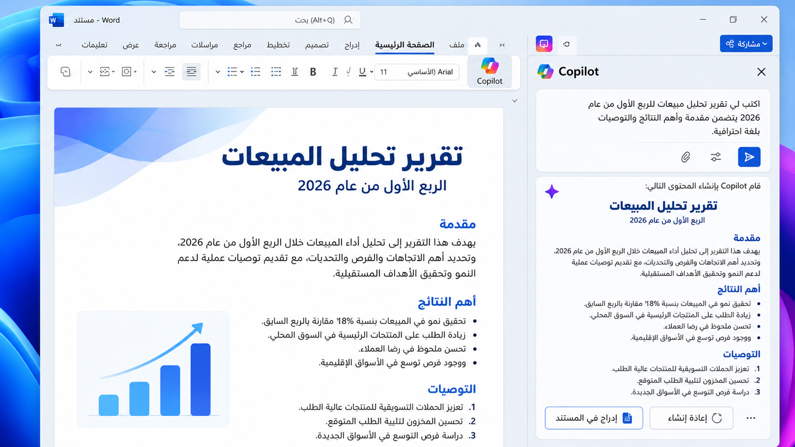 نموذج توضيحي لمستند Word باللغة العربية بجانبه لوحة مساعد ذكاء اصطناعي تعرض مسودة تقرير مبيعات