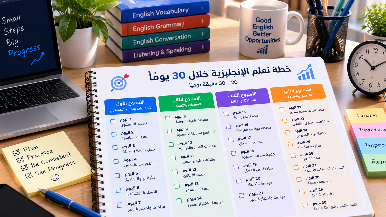 خطة تعلم الإنجليزية لمدة 30 يومًا مقسمة إلى أربعة أسابيع للمبتدئين