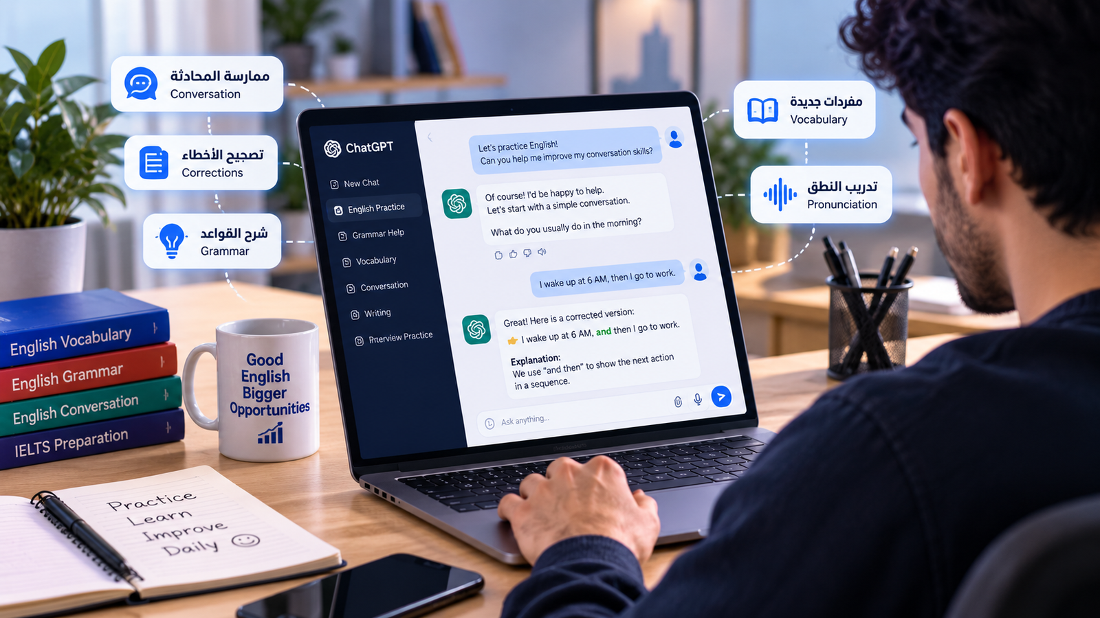 متعلم مبتدئ يمارس المحادثة الإنجليزية مع ChatGPT ويحصل على تصحيح فوري لأخطائه